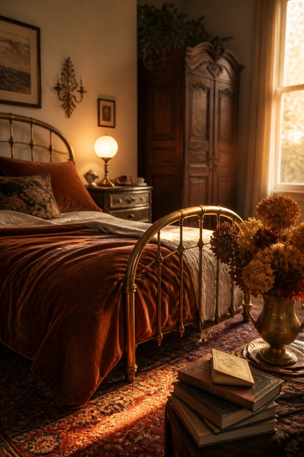 A bedroom featuring a brass bed with deep rust velvet bedding, a nightstand lamp, an ornate wardrobe, dried flowers in a brass vase, and stacks of old books on a patterned rug near a sunlit window.
