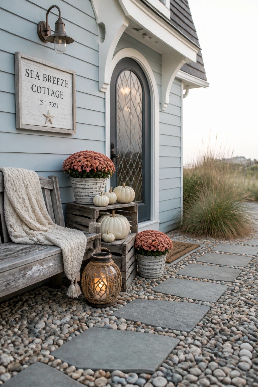 A light blue cottage with an arched front door, wooden bench with a cream throw, white pumpkins on stacked crates, potted orange mums, and a lit lantern beside a stone path.