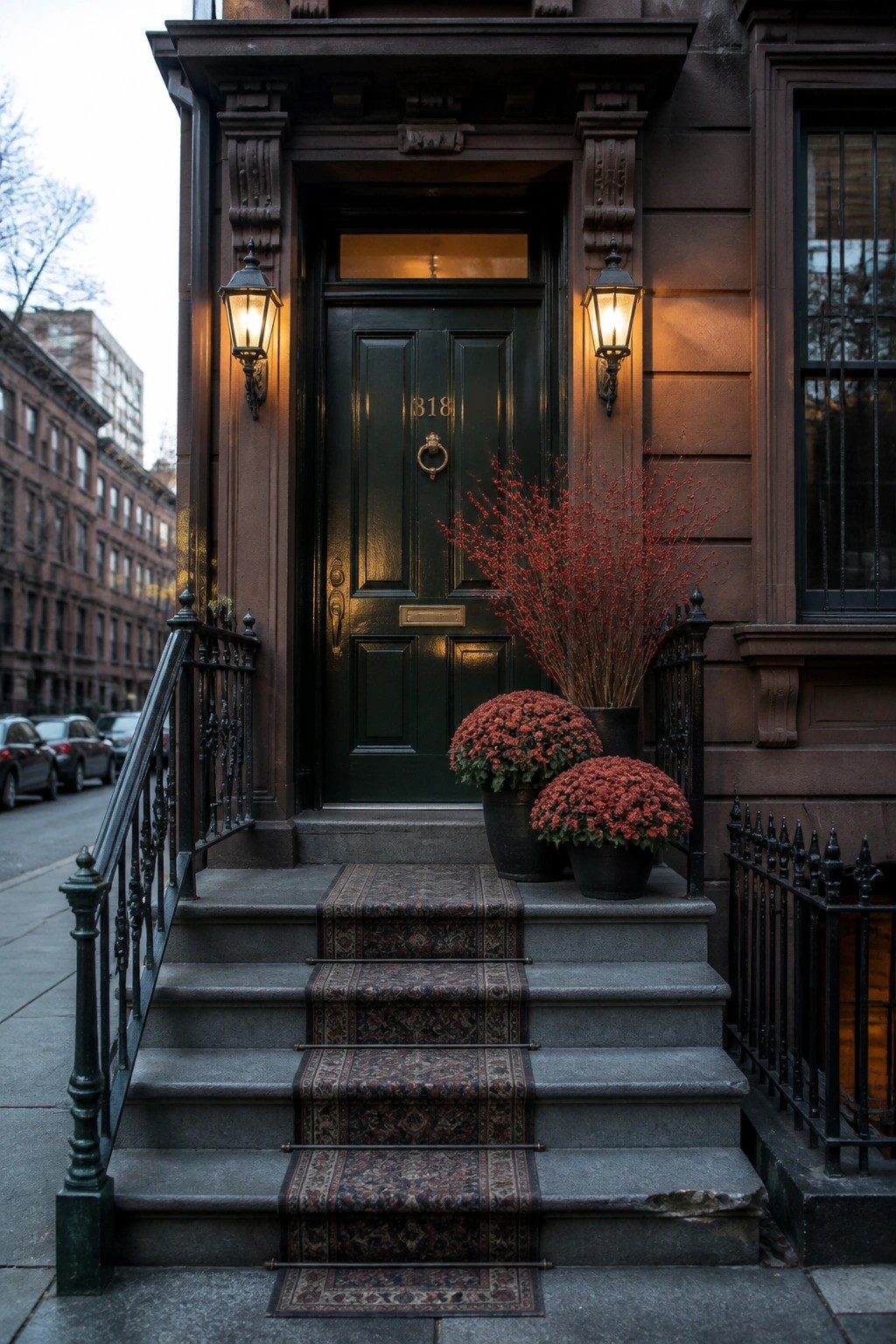 Front steps with a patterned runner lead to a dark green door numbered 318, flanked by two lit wall lanterns and large black pots holding red chrysanthemums and tall red branches.
