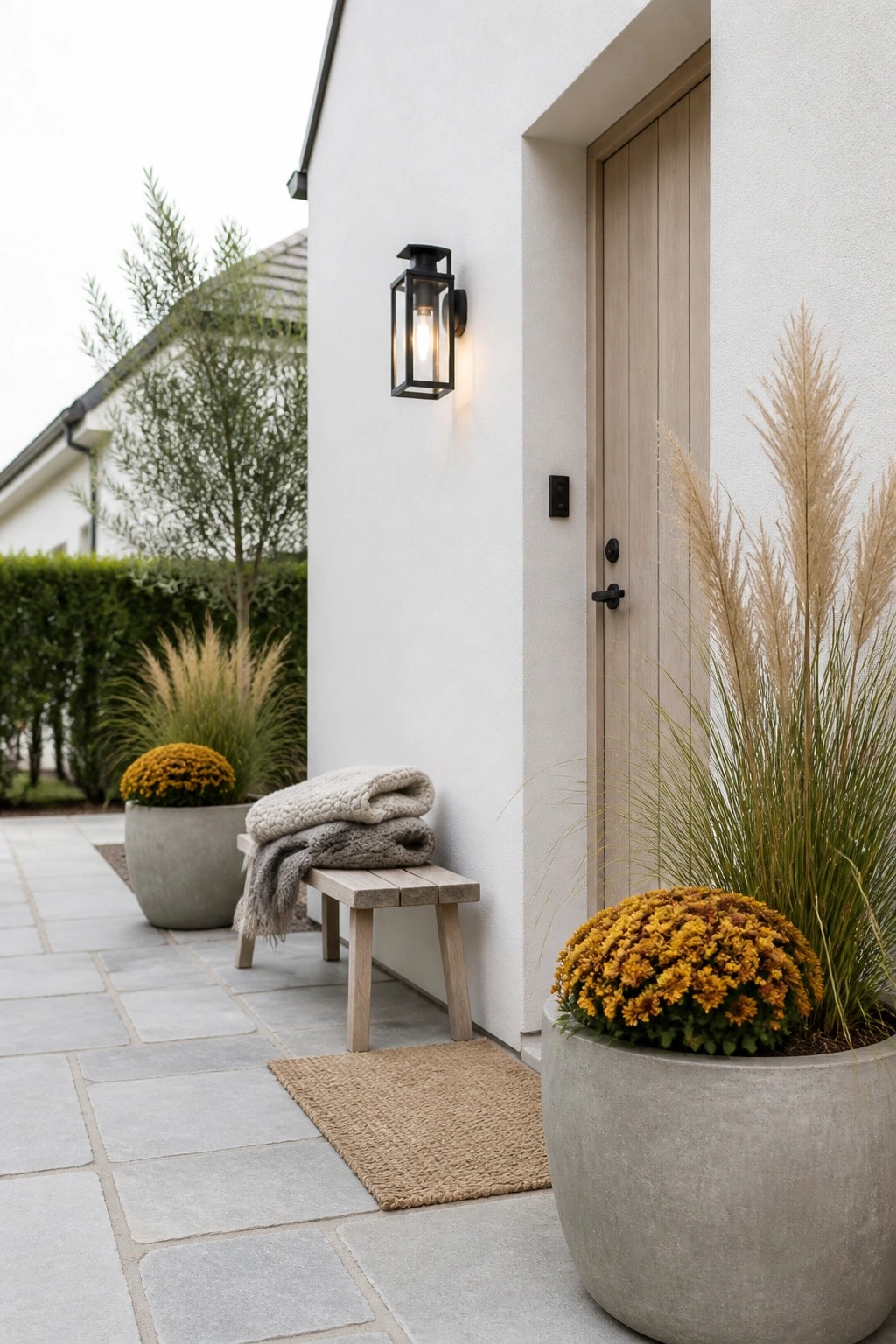 A front entry shows a light wood door with black hardware, a black lantern sconce, a wooden bench with folded blankets, and two large gray pots holding yellow flowers and tall grasses.