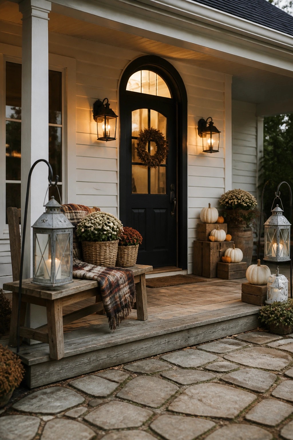 A white house with black front door, wooden bench holding a plaid throw and baskets of mums, lit lanterns, and white pumpkins on stacked crates beside the porch.