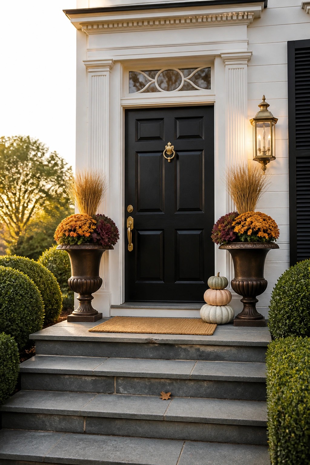 A black six-panel front door centered between two large bronze urn planters filled with orange and purple chrysanthemums, small stacked pumpkins on the landing, and a doormat on gray stone steps.