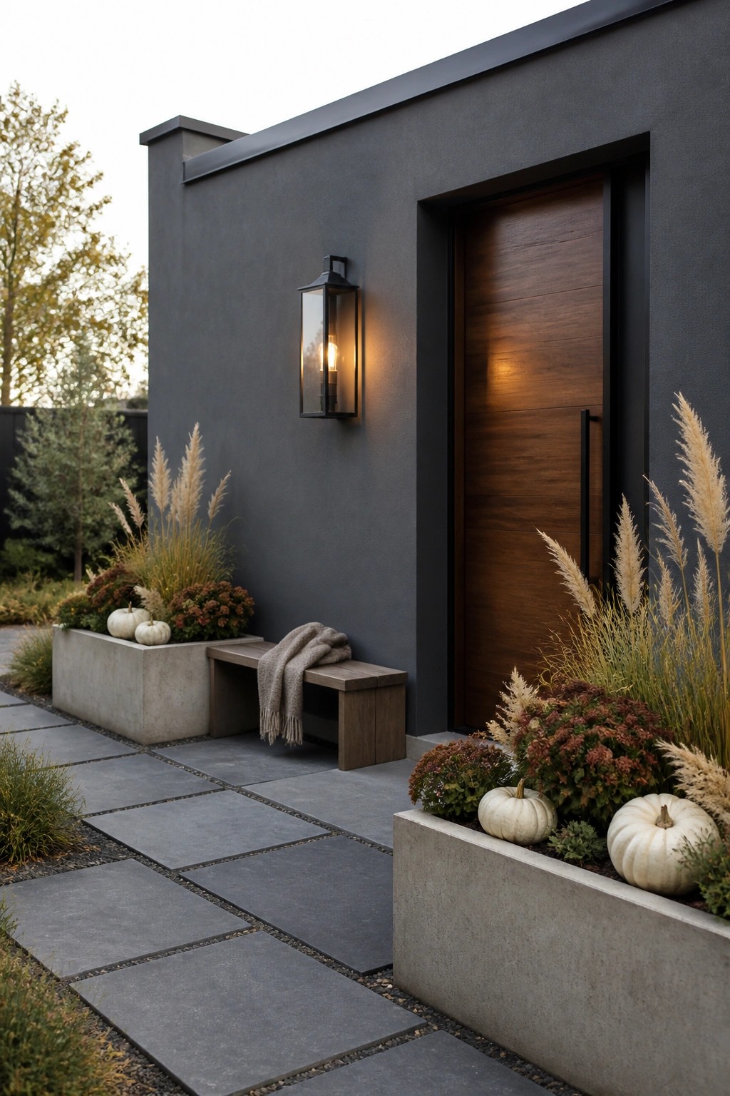 Modern front entry featuring a dark gray wall, wooden door, lit wall sconce, two concrete planters with white pumpkins and tall grasses, a wooden bench with a throw, and a gray stone paver path.