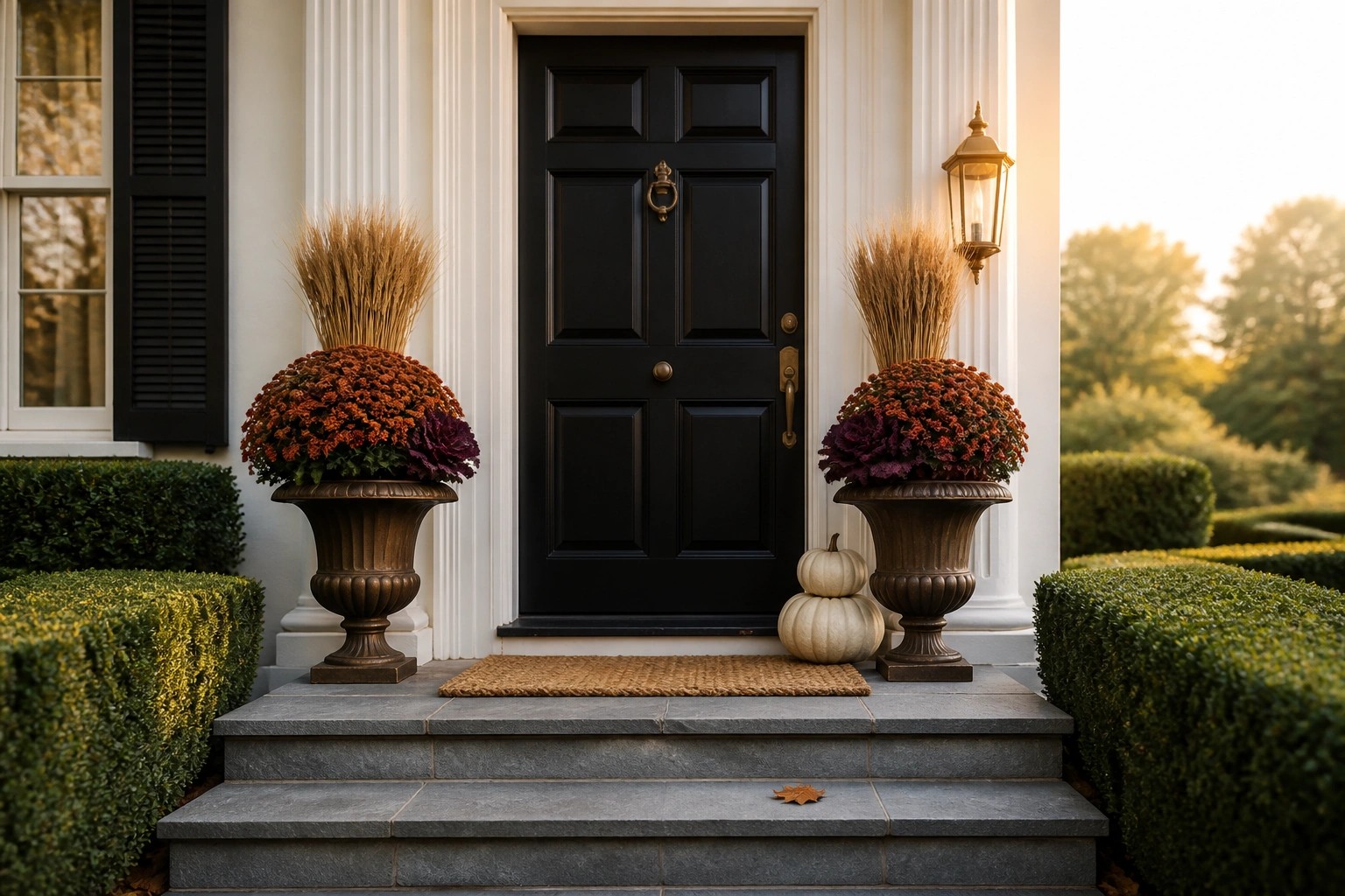 A black six-panel front door centered between two large bronze urn planters filled with orange and purple chrysanthemums, small stacked pumpkins on the landing, and a doormat on gray stone steps.