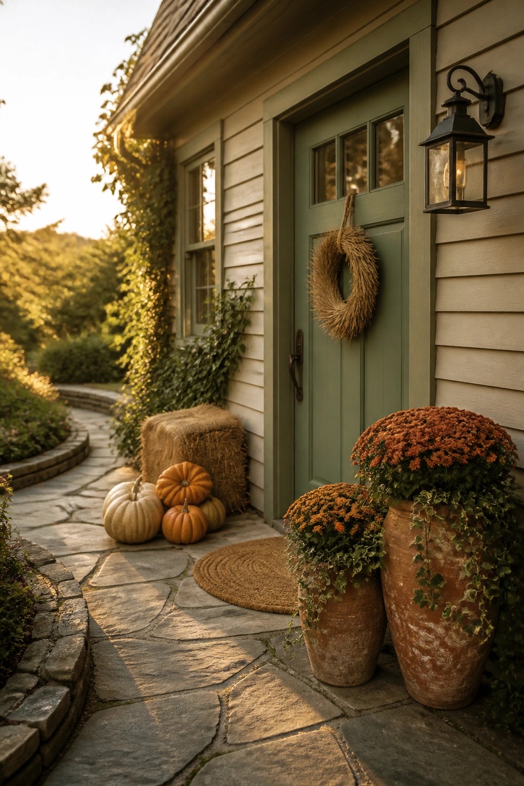 A green front door on a house with a stone path, flanked by two large terracotta pots holding orange chrysanthemums and trailing ivy, next to pumpkins and a hay bale.