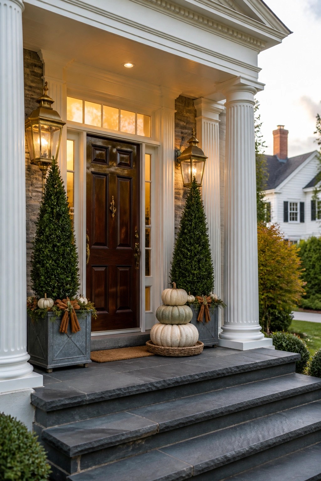 Elegant white porch with dark wooden door, glowing lanterns, evergreens, and stacked pumpkins on steps