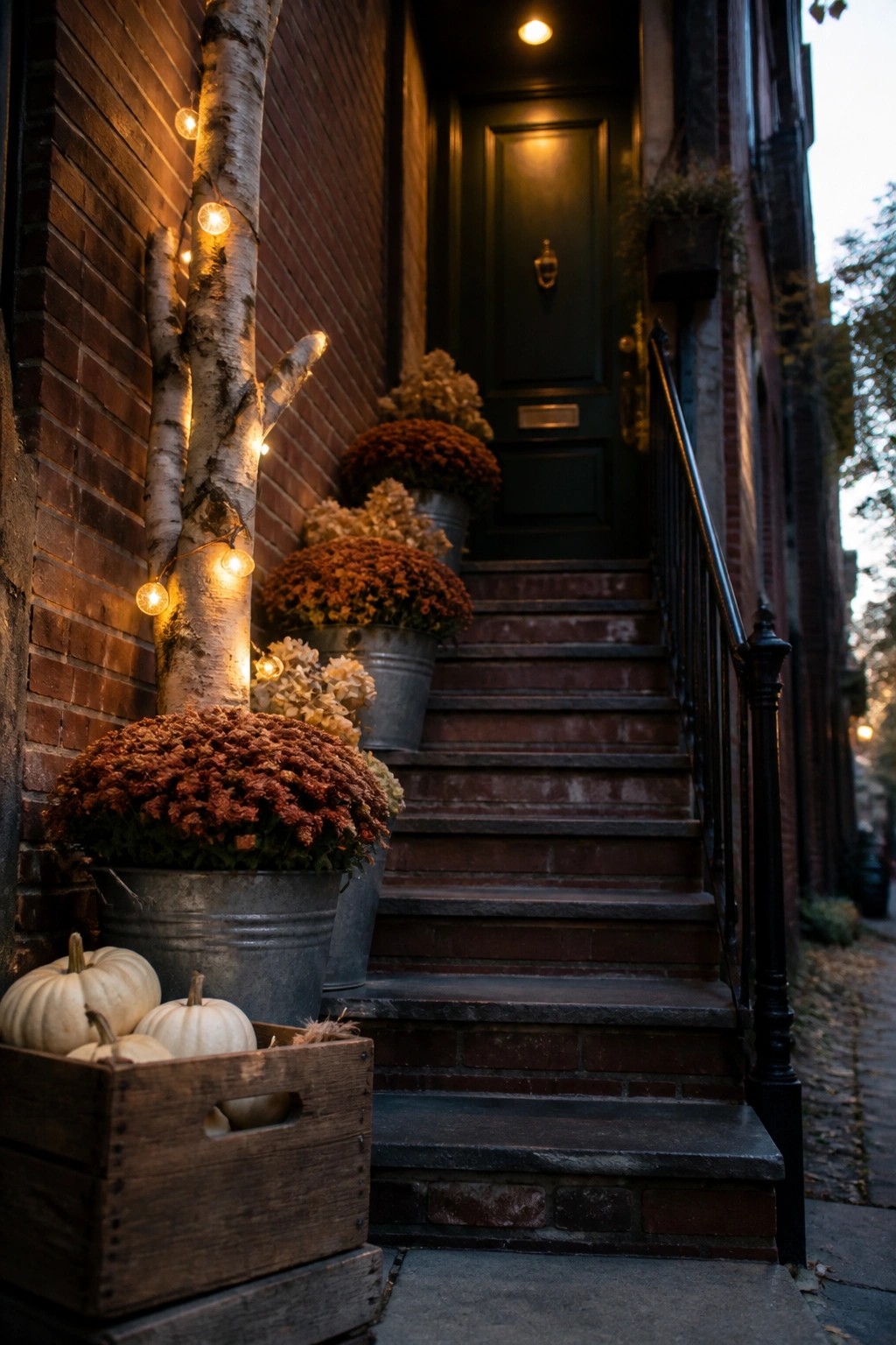 Front steps of a brick house with a dark green door, orange and cream chrysanthemums in metal buckets, white pumpkins in a wooden crate, and string lights wrapped around a birch tree.