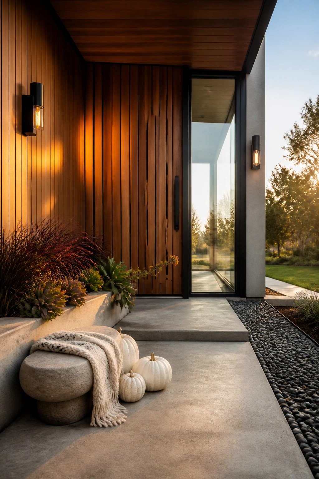 Modern front entry with vertical wood siding, a dark door, concrete steps, several white pumpkins, and a stone seat with a blanket.