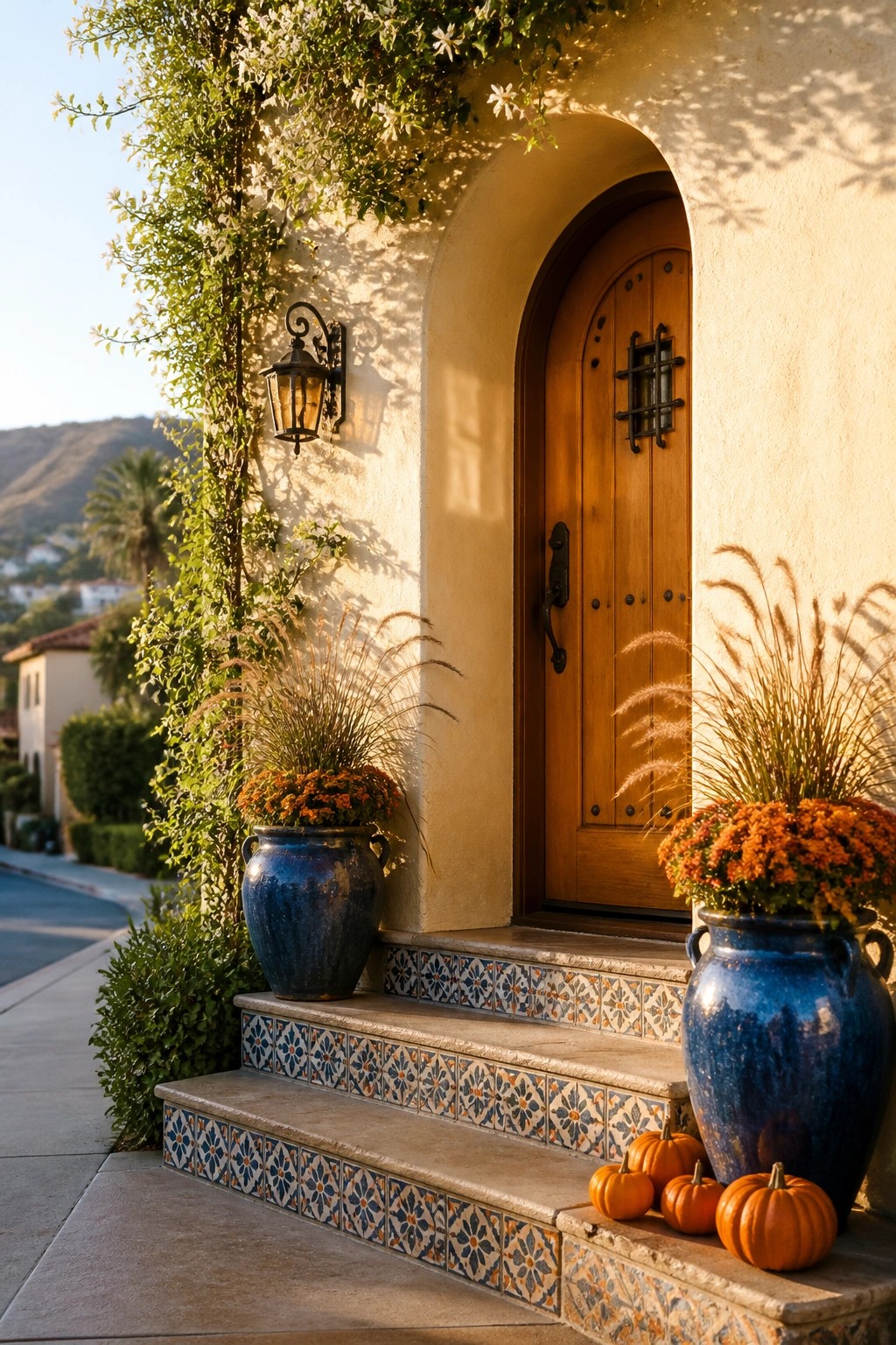 Arched wooden door with two large blue ceramic pots holding orange flowers and small pumpkins on tiled concrete steps.
