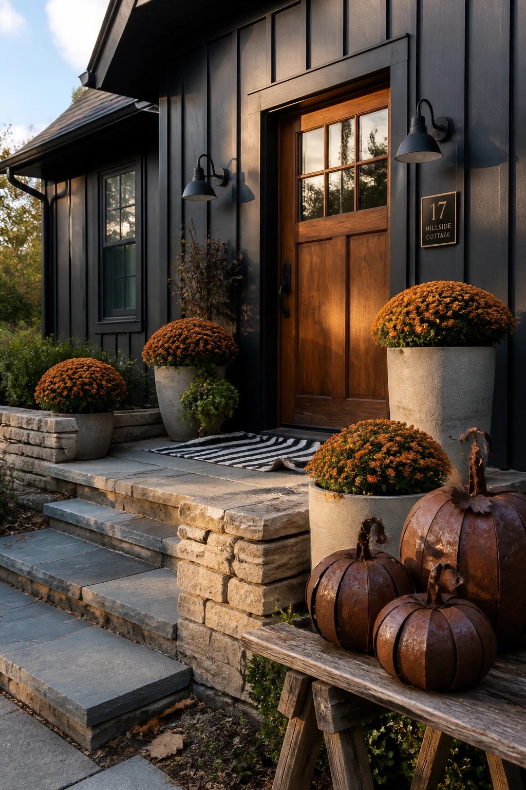 A dark gray house front entry with a wooden door, stone steps, large concrete pots holding orange chrysanthemums, and metal pumpkins on a bench.