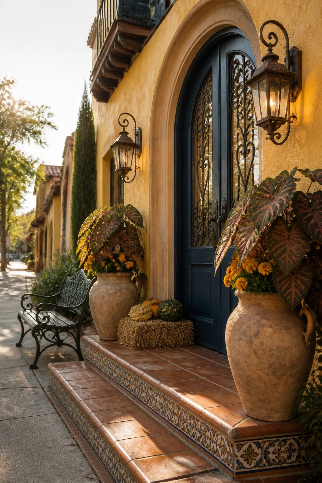 Yellow stucco entry with blue door, potted plants, pumpkins on hay, tiled steps.