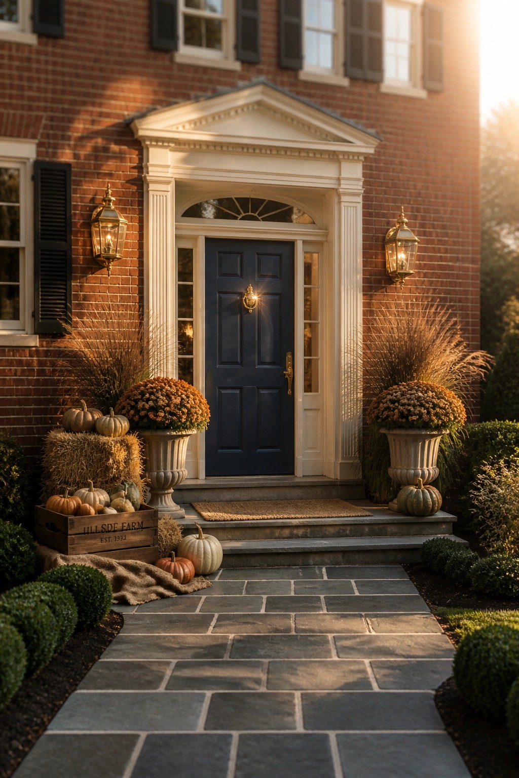 Blue door on brick house with pumpkins, mums, and hay bale autumn decor.
