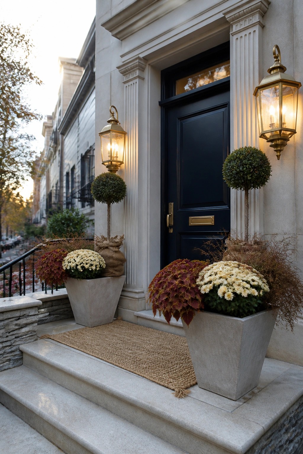A black front door on stone steps flanked by two large concrete planters filled with white chrysanthemums and red foliage, with brass lanterns mounted on the walls.