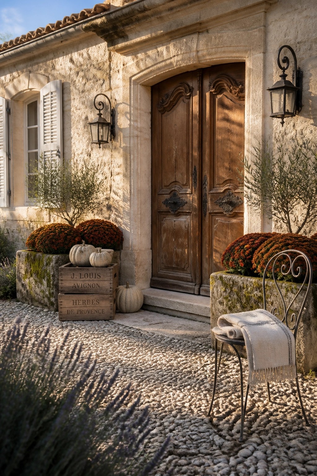 Stone house front entry with arched wooden double doors, black lanterns on either side, stone planters holding orange mums, wooden crates with white pumpkins, a metal chair with a folded blanket, and lavender along a gravel path.