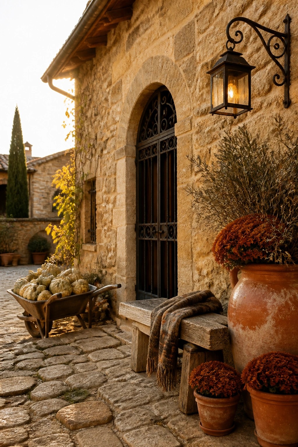 A stone house front entry with an arched wooden door, lit wall lantern, wooden wheelbarrow filled with gourds on a cobblestone path, wooden bench with a blanket, and terracotta pots holding orange chrysanthemums.