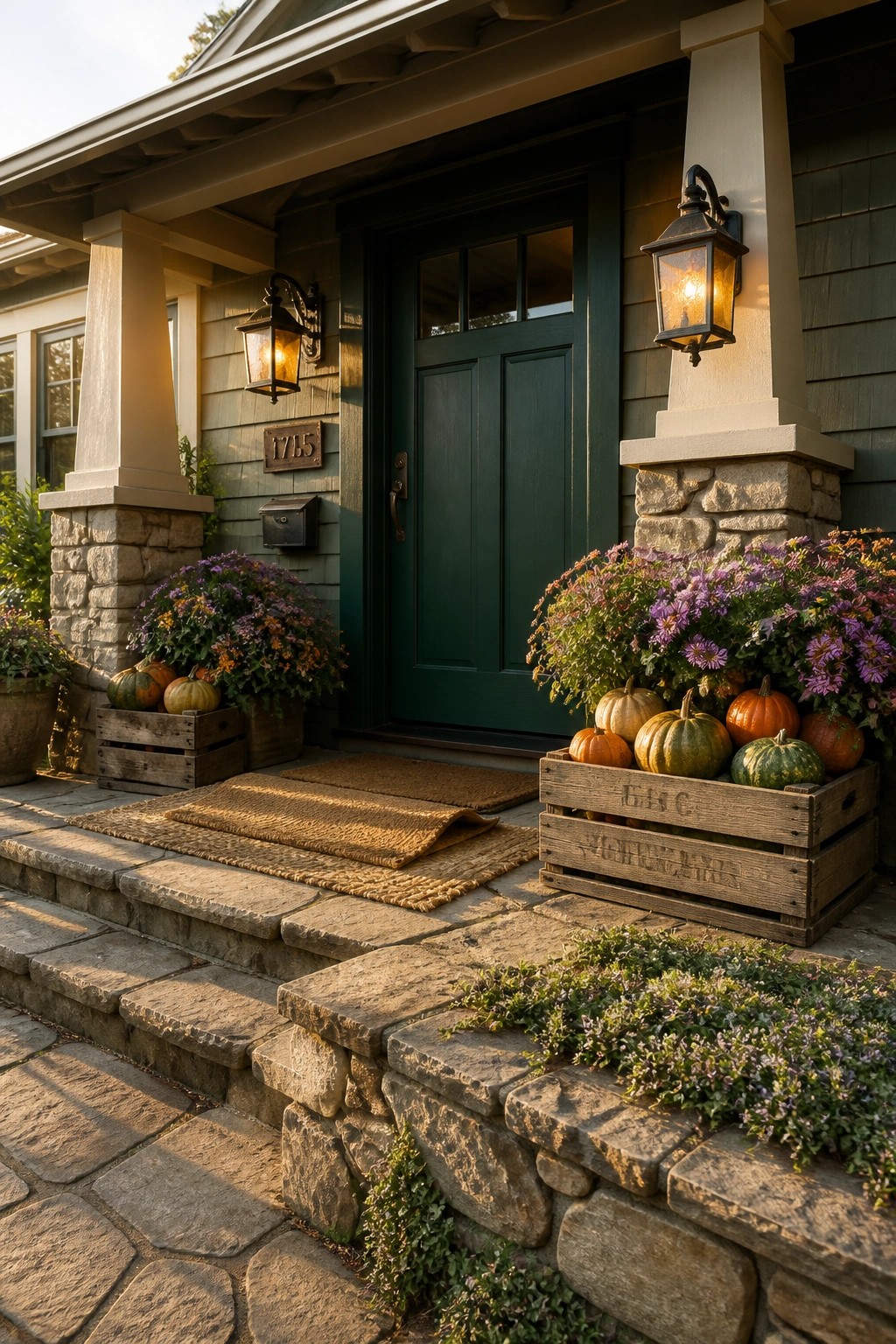 Stone steps to green door with pumpkin crates, purple mums, and glowing lanterns.