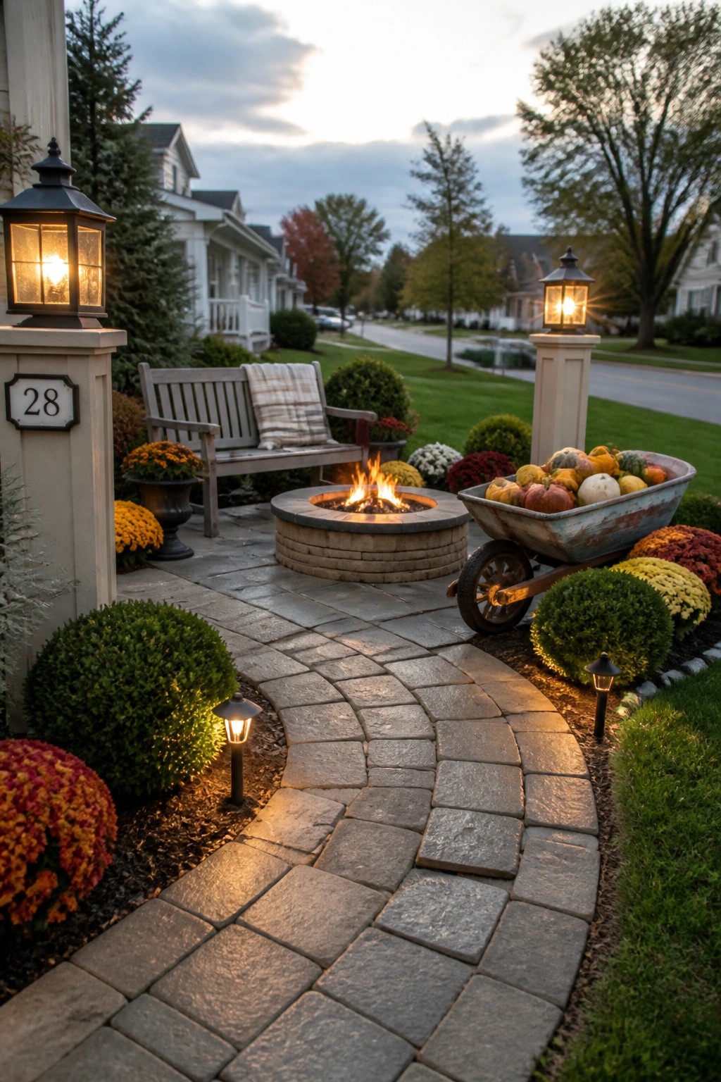 A curved stone pathway runs past a round fire pit in a landscaped front yard with a bench, lanterns, and a wheelbarrow of pumpkins nearby.