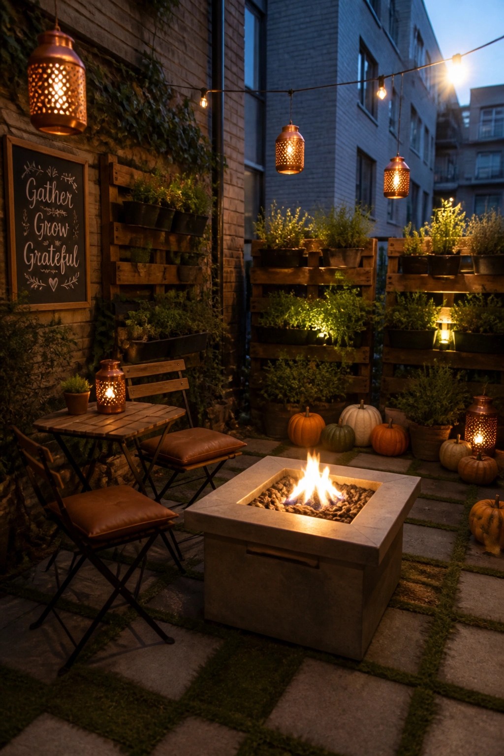 A square concrete fire pit with a burning fire sits on a stone patio surrounded by folding chairs, pallet planters, pumpkins, and hanging lanterns at dusk.