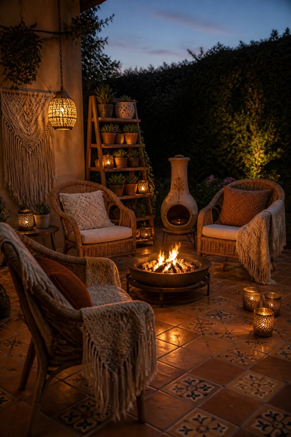 A tiled patio at dusk features a round metal fire pit with active flames, surrounded by three woven armchairs with cushions and throws, plus a tall clay chiminea and scattered lanterns.