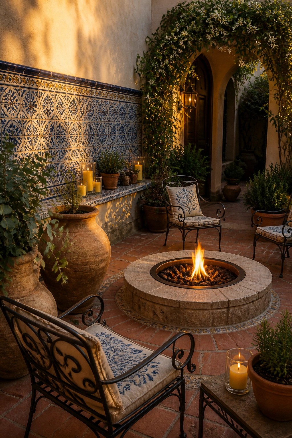 A round stone fire pit with active flames sits centered on a brick patio, surrounded by metal patio chairs with cushions and several large terracotta pots.