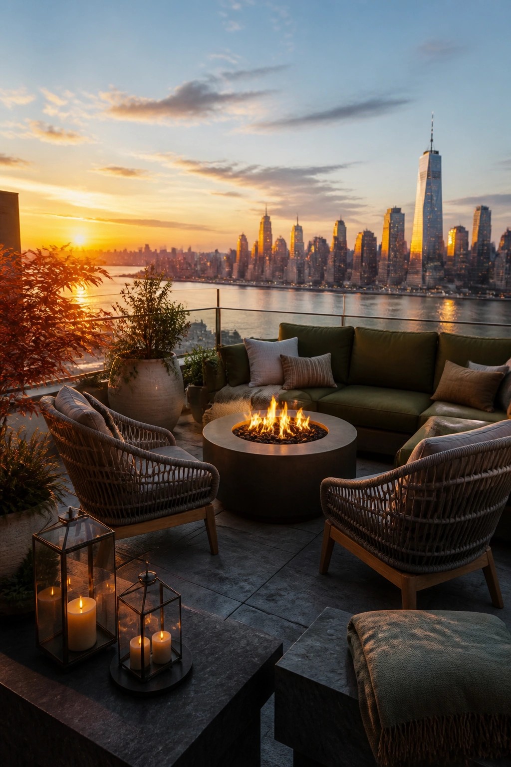 A rooftop terrace features a round fire pit at the center of green sofas and woven chairs, with lanterns and potted plants nearby and a city skyline at sunset in the background.
