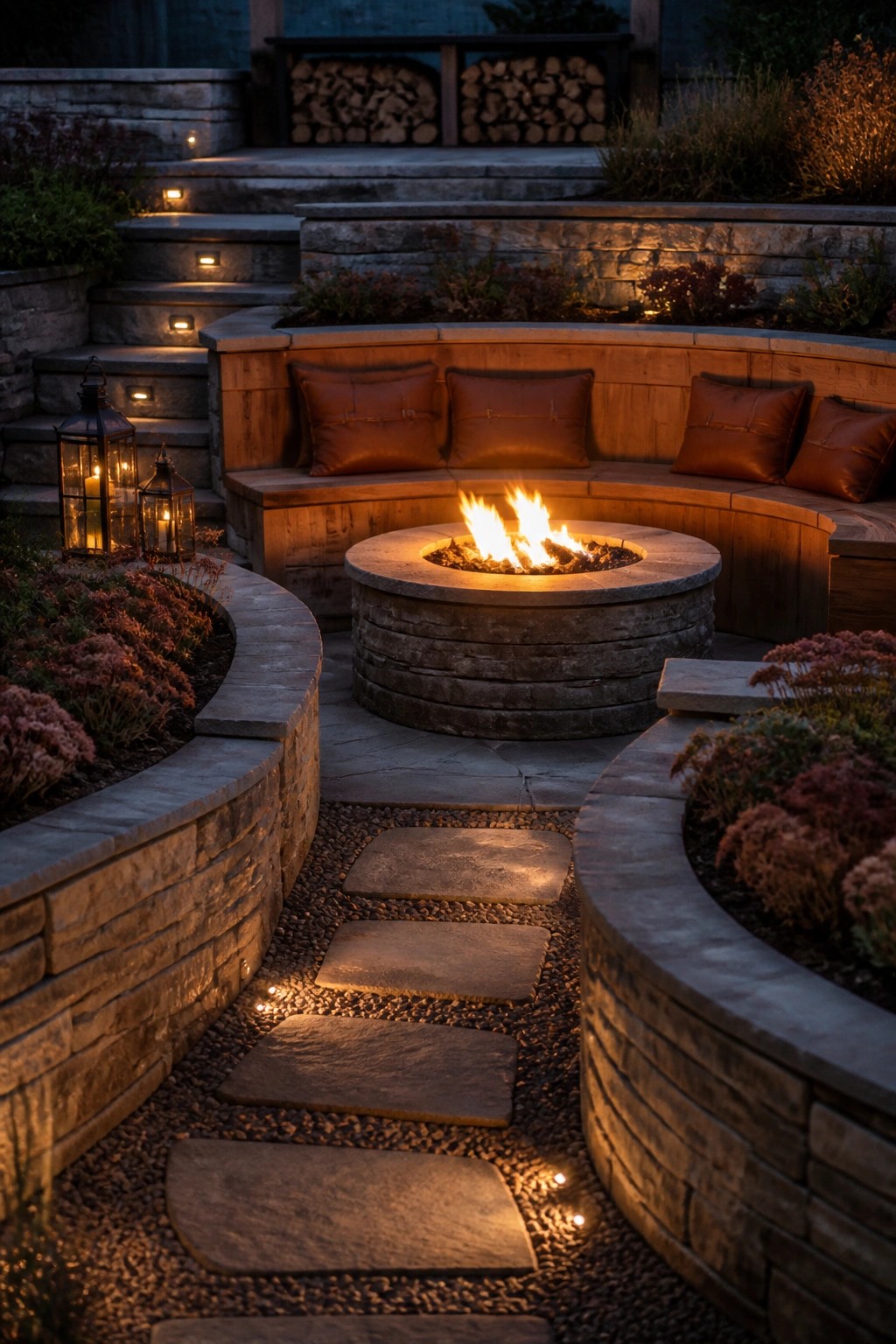 A circular stone fire pit with active flames is surrounded by a curved wooden bench with brown cushions, set within a landscaped patio area with a lit stone pathway at dusk.