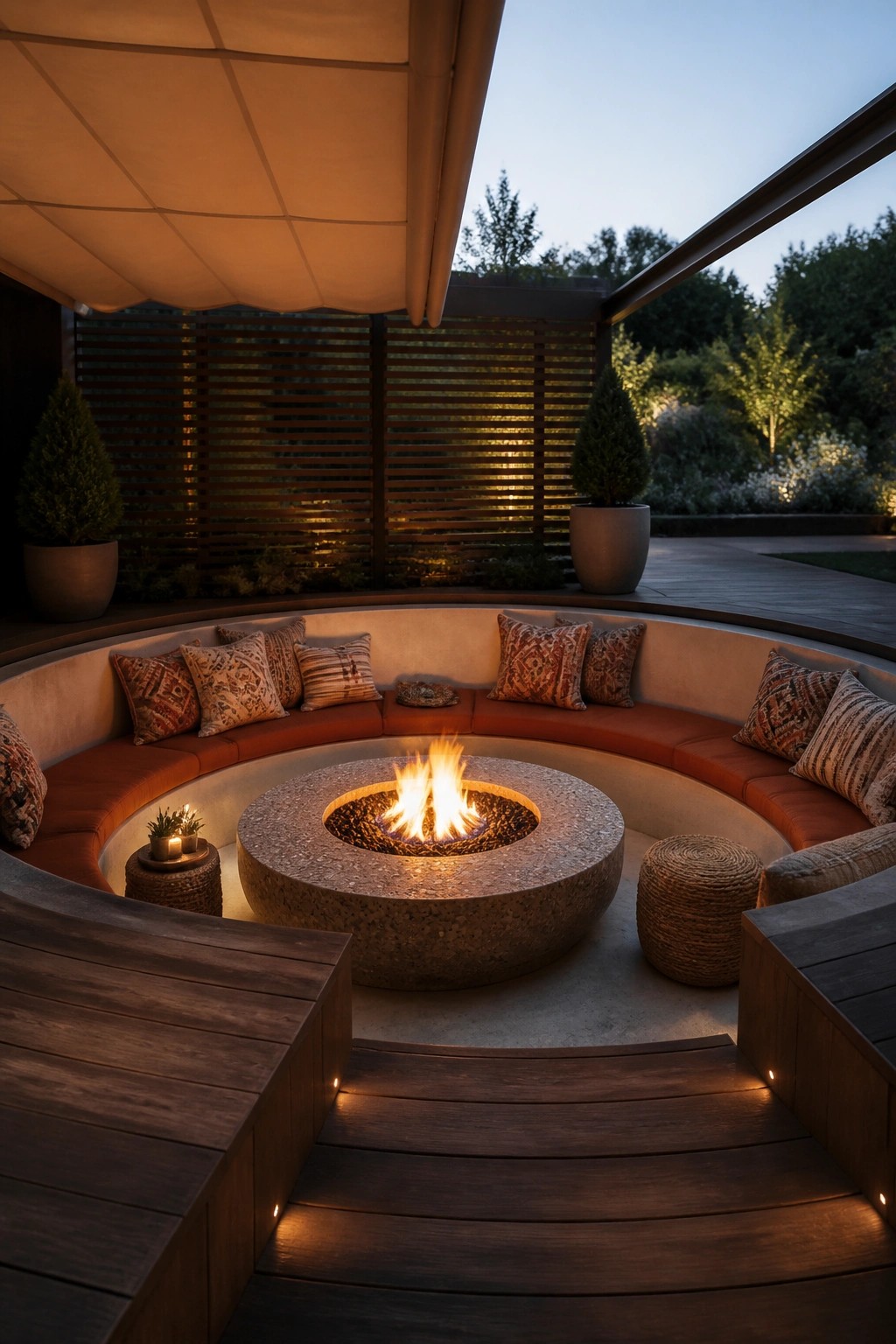 A circular concrete fire pit with active flames is surrounded by a built-in curved bench with orange cushions and decorative pillows on a wooden deck under a canopy at twilight.