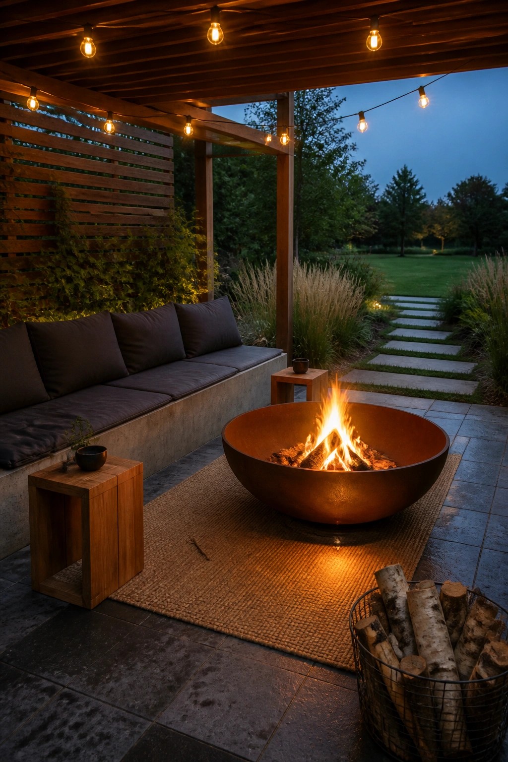 A large copper fire pit bowl on a woven rug on a stone patio, with a metal basket of firewood nearby and built-in bench seating under string lights.