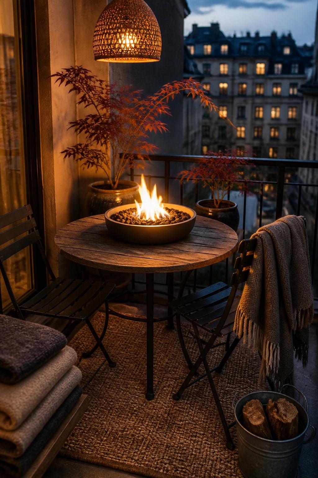 Cozy dusk balcony with fire pit on round wooden table, woven lantern, and potted plants