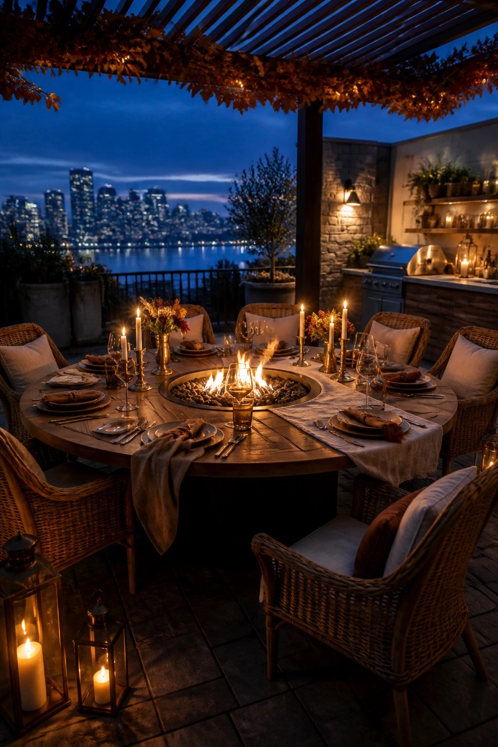Round wooden dining table with central fire pit, surrounded by wicker chairs on a paved patio with lanterns and a city view at dusk.