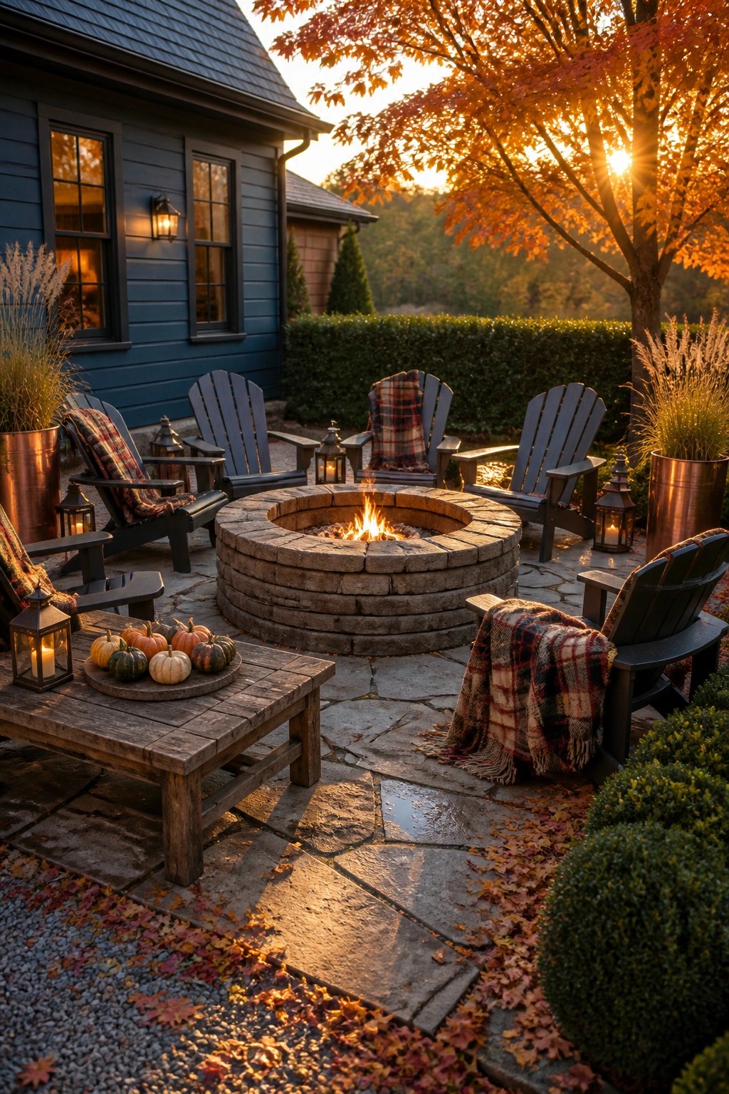A round stone fire pit sits at the center of a flagstone patio surrounded by dark wooden Adirondack chairs with plaid blankets, small pumpkins on a wooden table, and lanterns.