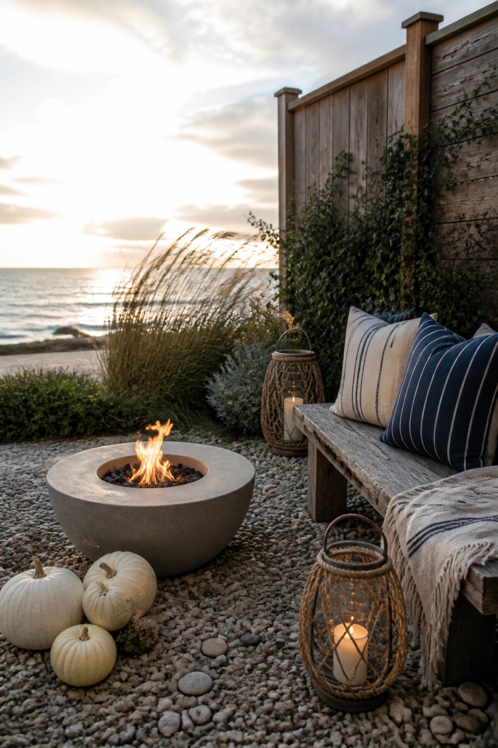 A round concrete fire pit with flames sits on gravel beside a wooden bench with striped pillows and two lit lanterns, with ocean and plants in the background.