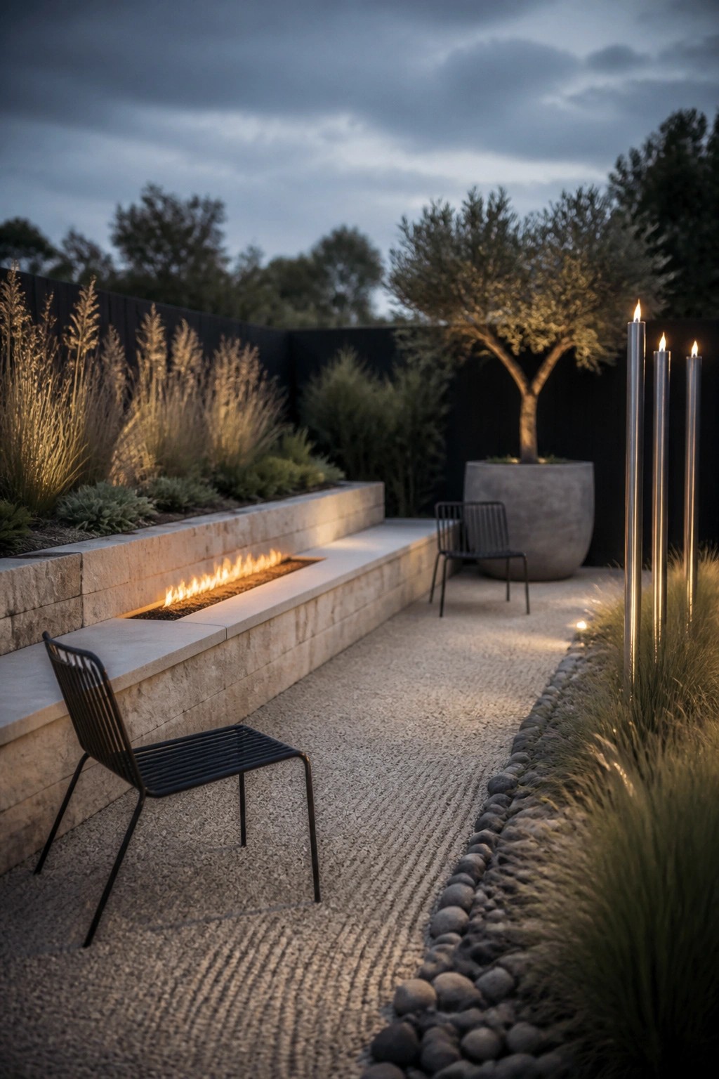 Modern patio with linear stone fire pit, black chairs, gravel path, and tall candles
