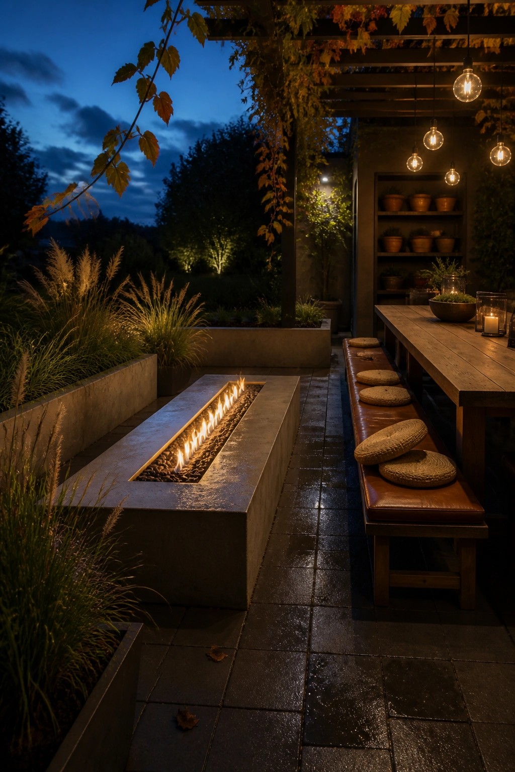 A long rectangular fire pit with active flames runs along a concrete structure on a dark stone patio beside a wooden bench with round cushions.
