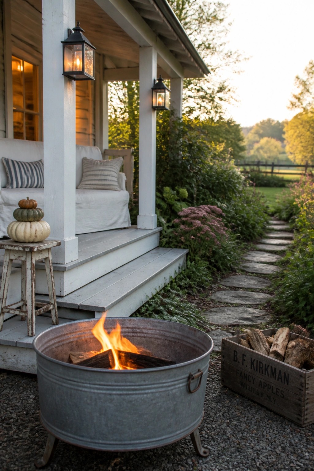 A round metal fire pit with a burning fire sits on gravel directly in front of a white wooden porch, with a crate of firewood placed to the right.