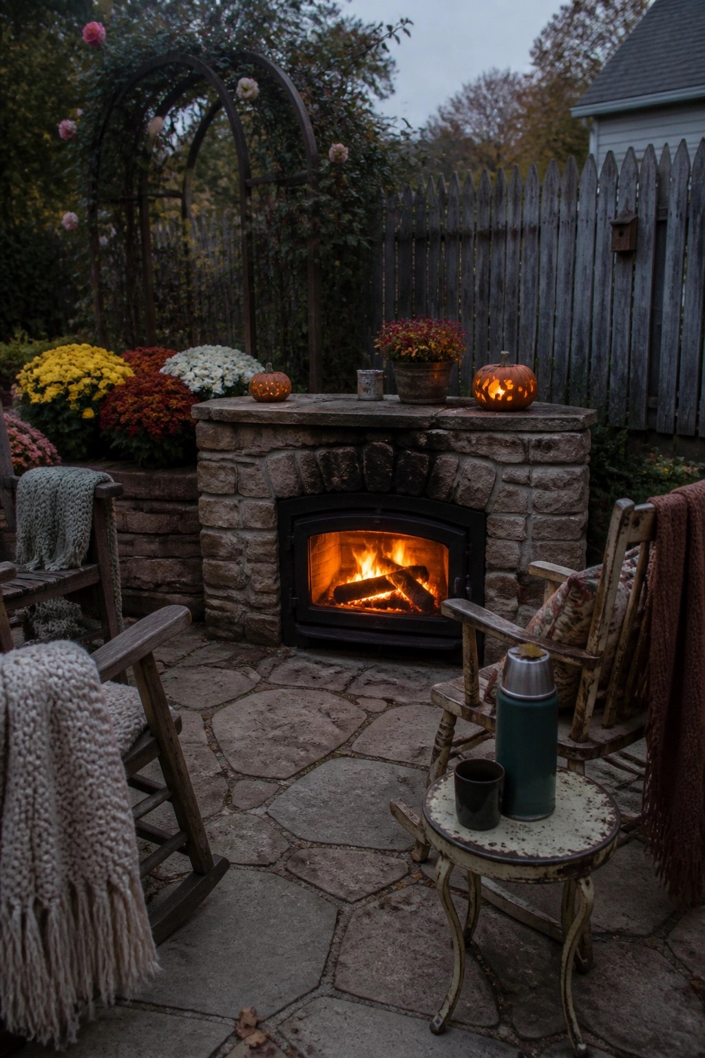 A stone outdoor fireplace with a lit fire, two wooden rocking chairs with blankets, a small table, and pumpkins on the mantel in a backyard setting.