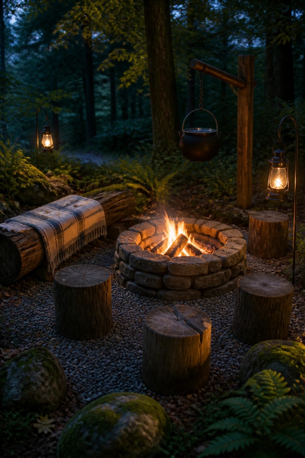 A stone fire pit with burning logs and a hanging kettle, surrounded by wooden stump seats, a log bench with a blanket, and two lit lanterns in a forest clearing at dusk.