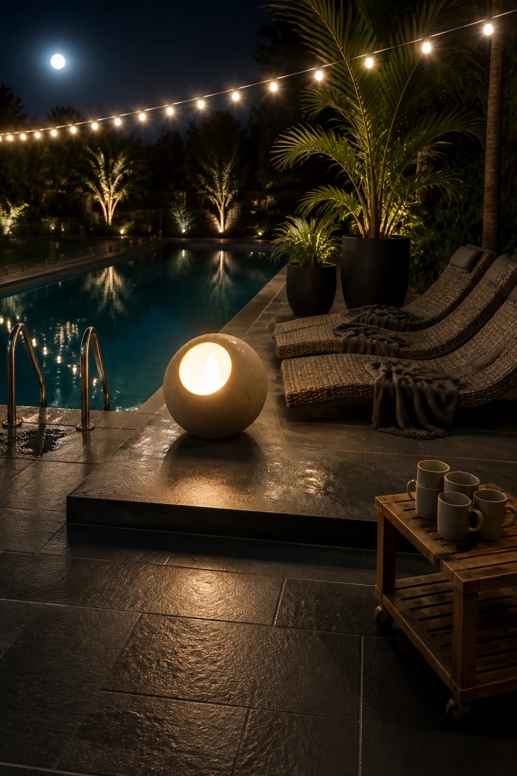 A nighttime poolside patio with dark lounge chairs, a large glowing spherical light on the stone deck, string lights overhead, and potted plants in the background.