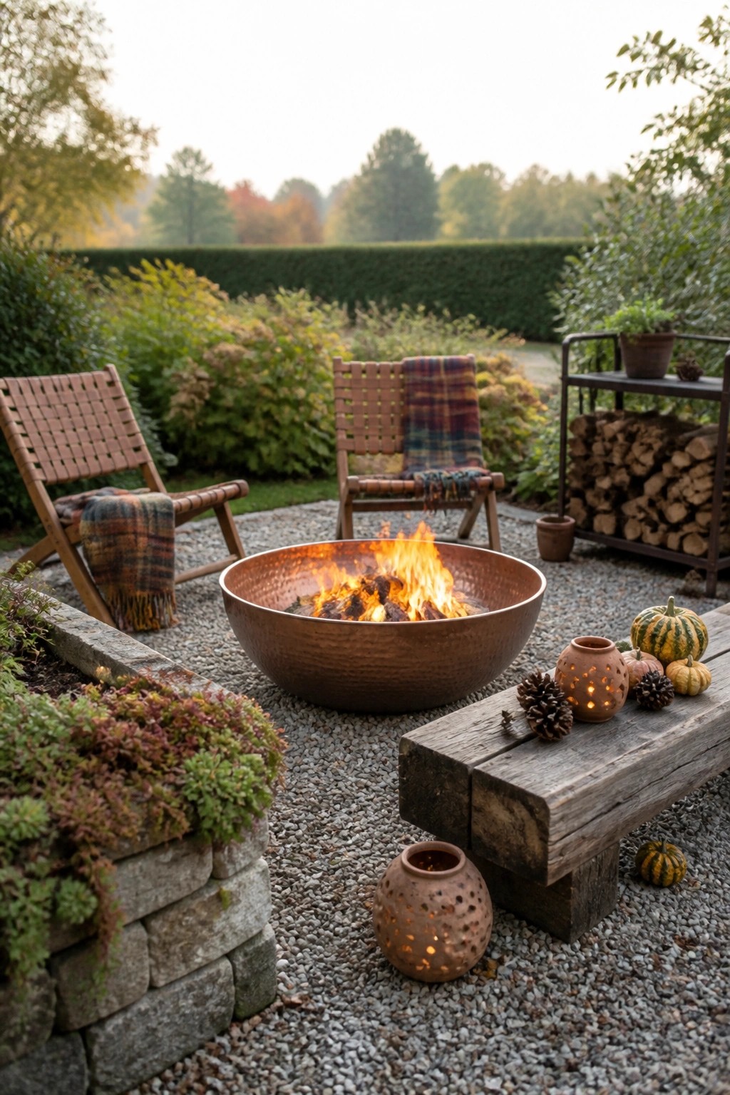 A copper fire pit with active flames sits on gravel, surrounded by two wooden strap chairs with plaid blankets, a wooden bench holding pumpkins and lanterns, and nearby stone edging with plants.