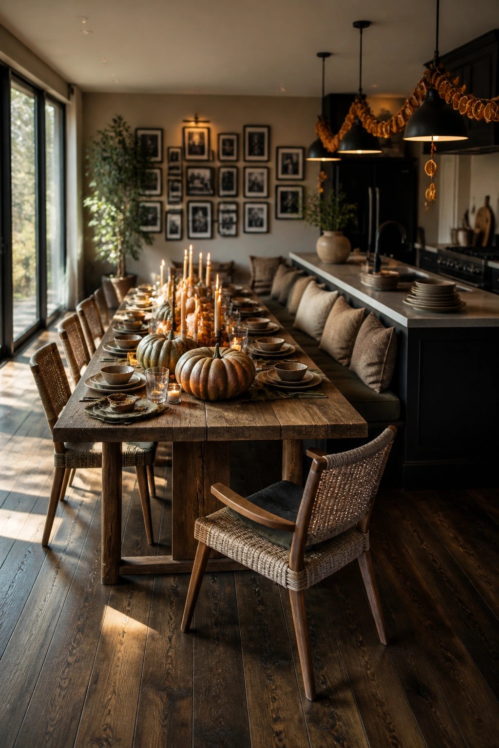 A long rustic wooden dining table set with pumpkins, candles, and dishes in a kitchen with a built-in bench, woven chairs, and pendant lights overhead.