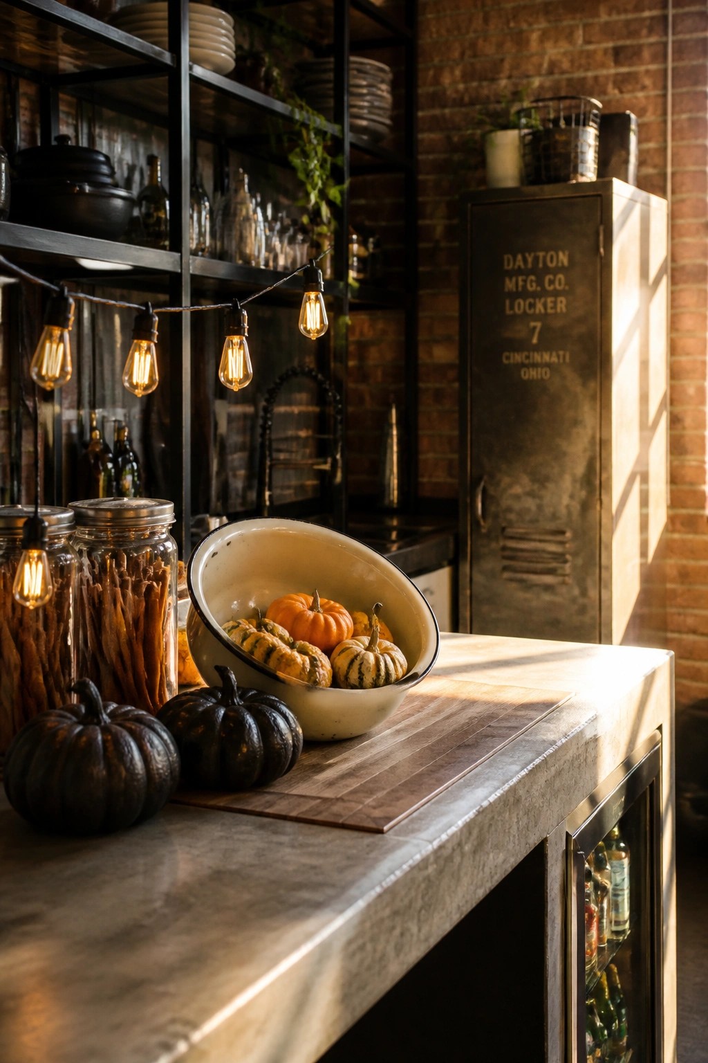A kitchen counter holds a white enamel bowl filled with small orange and green pumpkins, with two dark pumpkins beside it, glass jars, and string lights overhead.