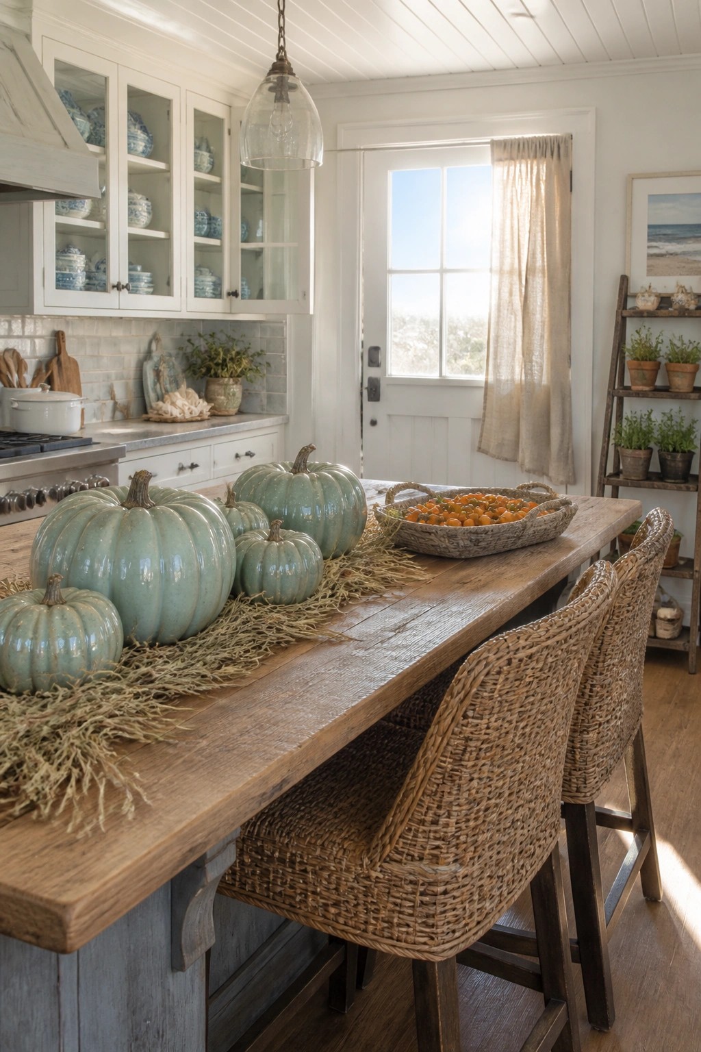 Rustic kitchen island with seafoam pumpkins, woven stools, and wooden table