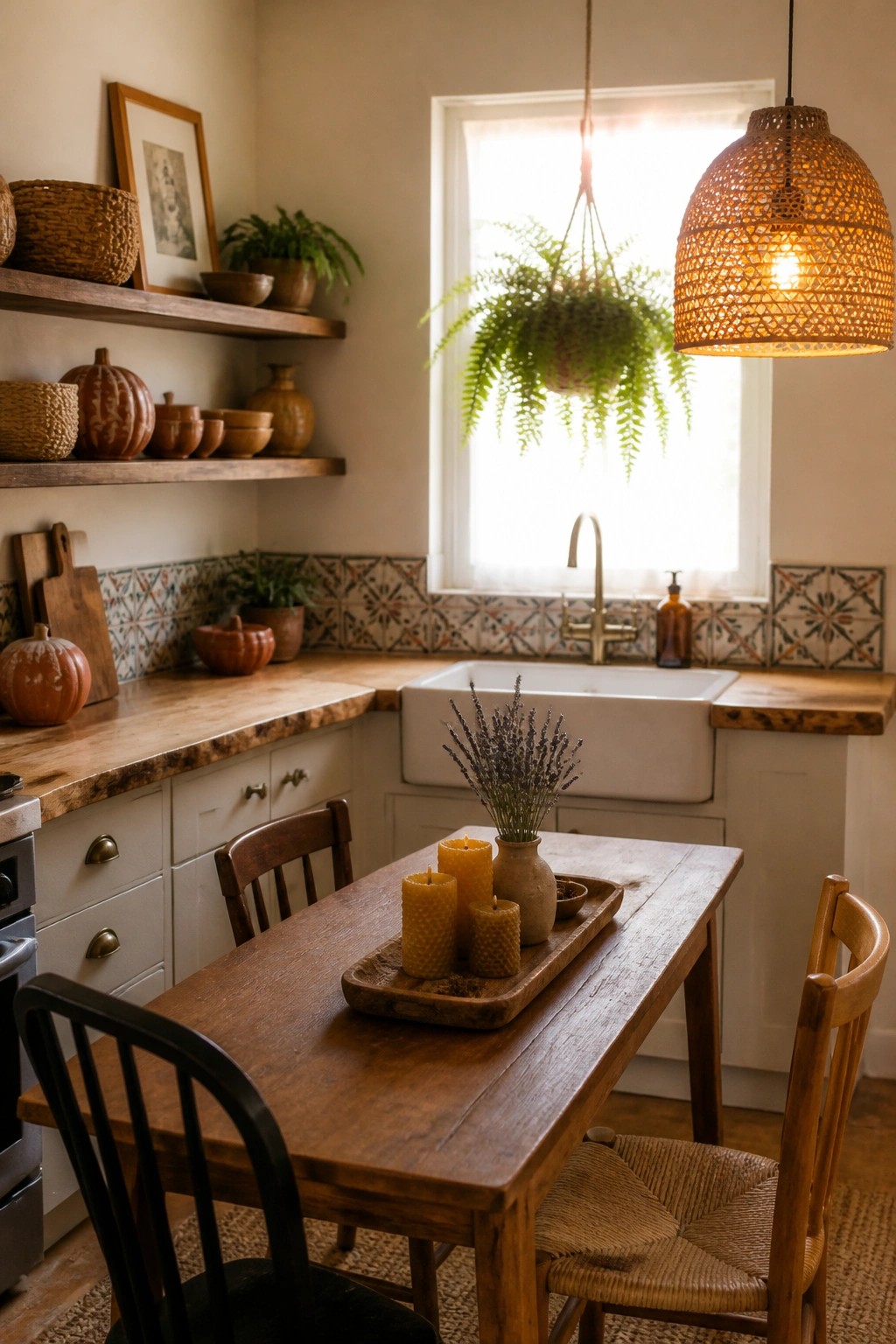 A wooden kitchen table holds a tray with three lit candles and a vase of lavender, set in front of white cabinets, open wooden shelves with pumpkins, and a farmhouse sink under a window.