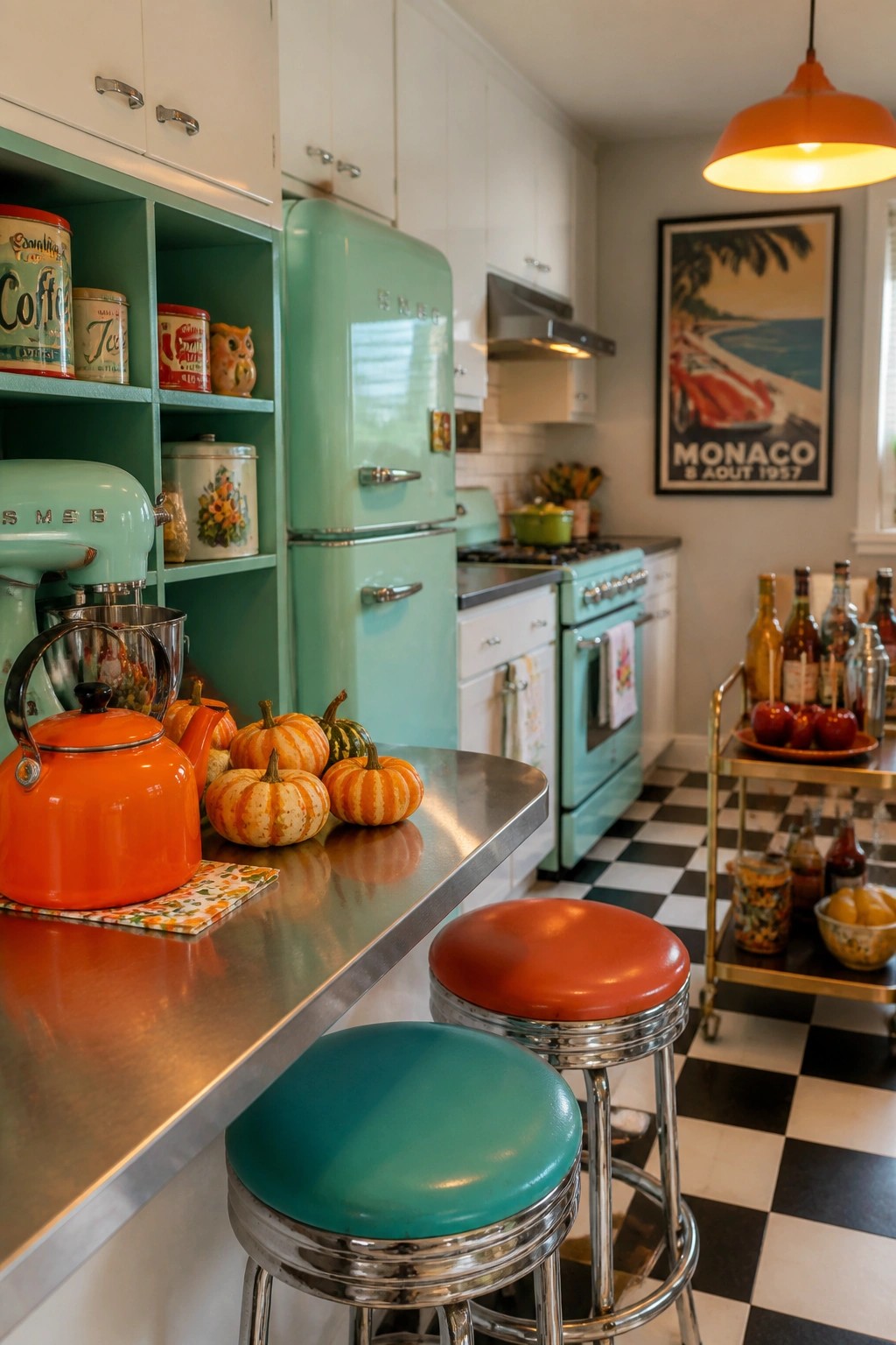A retro kitchen with mint green appliances, an orange kettle on the counter, and several small striped pumpkins arranged near two bar stools.