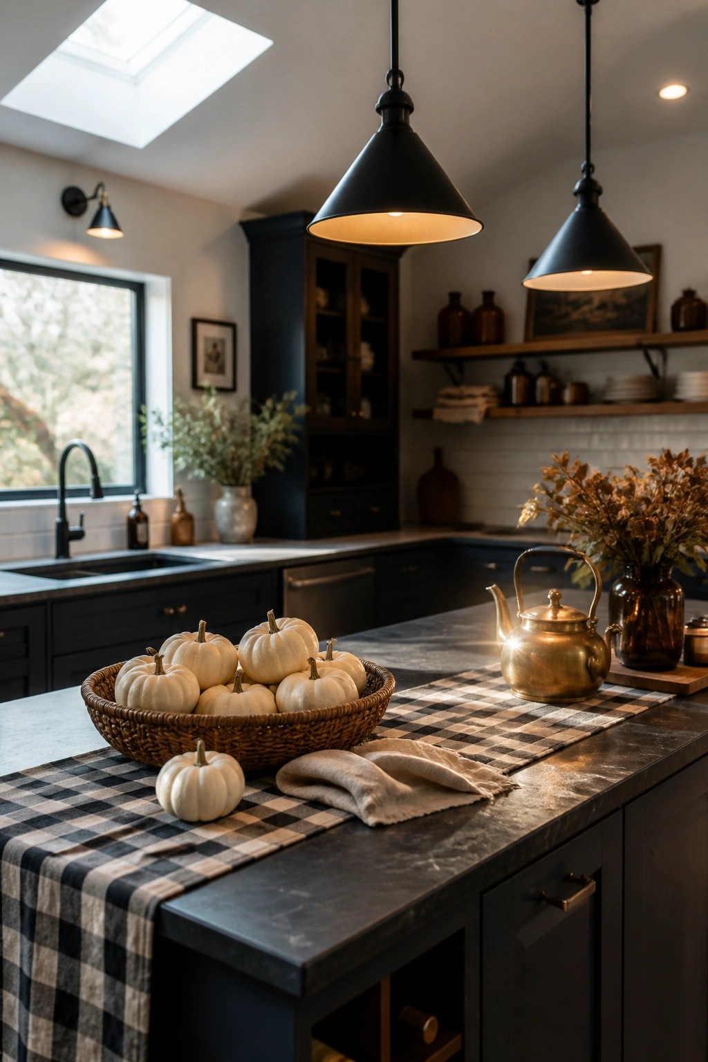 A kitchen island with a woven basket of white pumpkins on a black and white checkered runner and a brass kettle nearby.