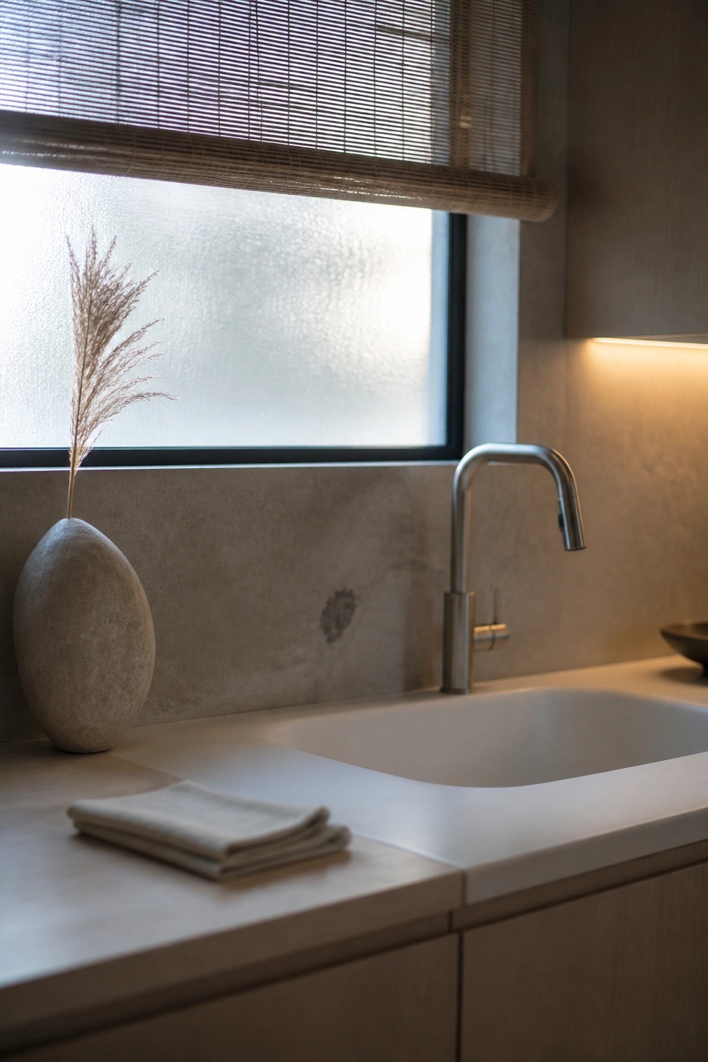 Minimalist kitchen sink with stainless faucet, stone vase of dried grass, and bamboo blinds