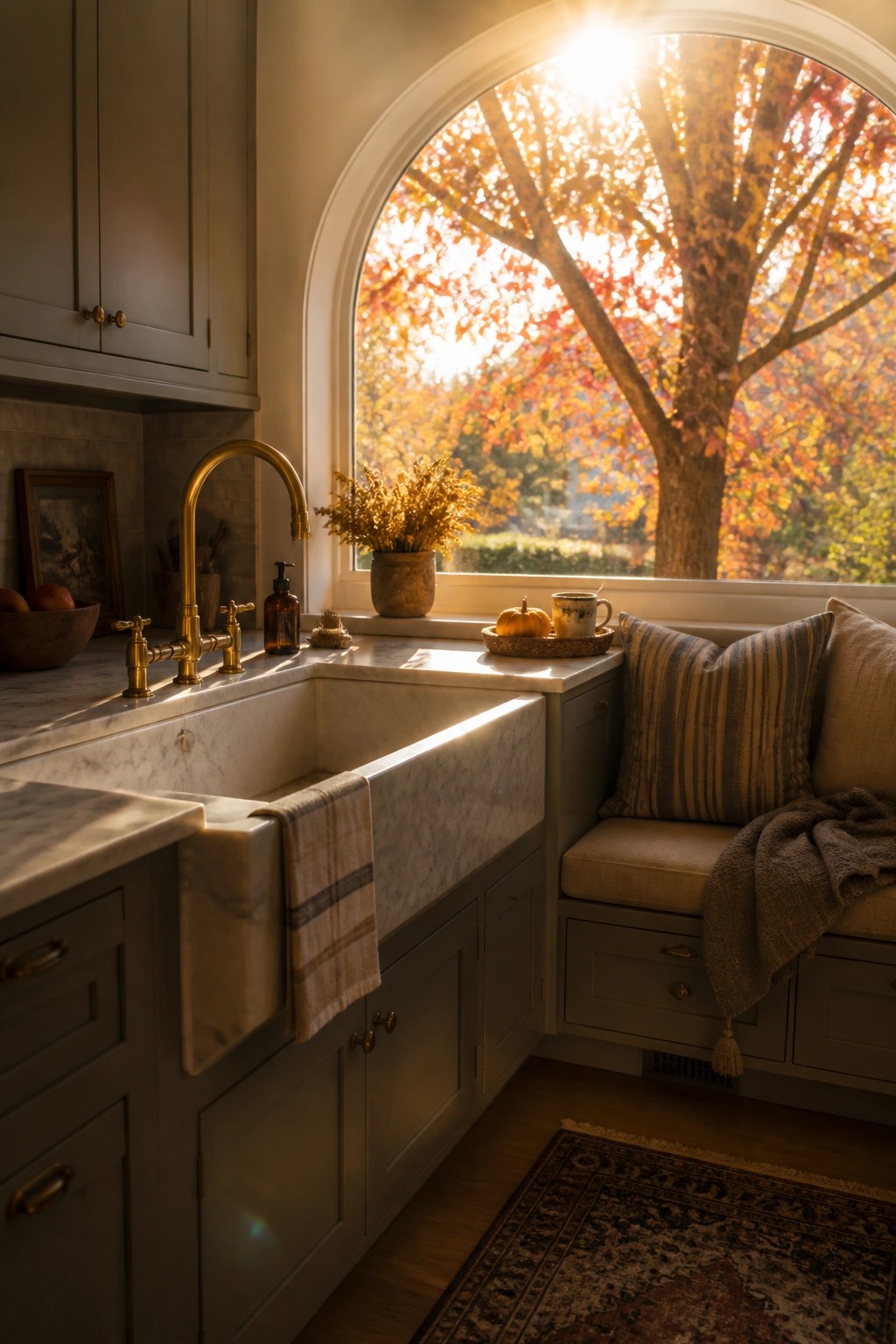 Cozy kitchen with marble sink, gold faucet, and autumn view from window seat