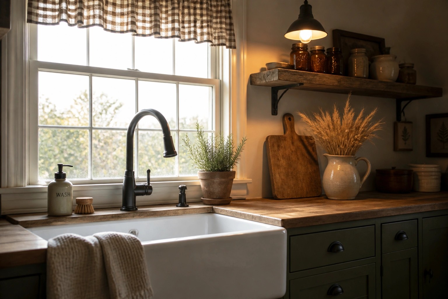 A white farmhouse sink under a double-hung window fitted with a black and beige gingham valance, a black gooseneck faucet, and a potted rosemary plant on the right side of the counter.