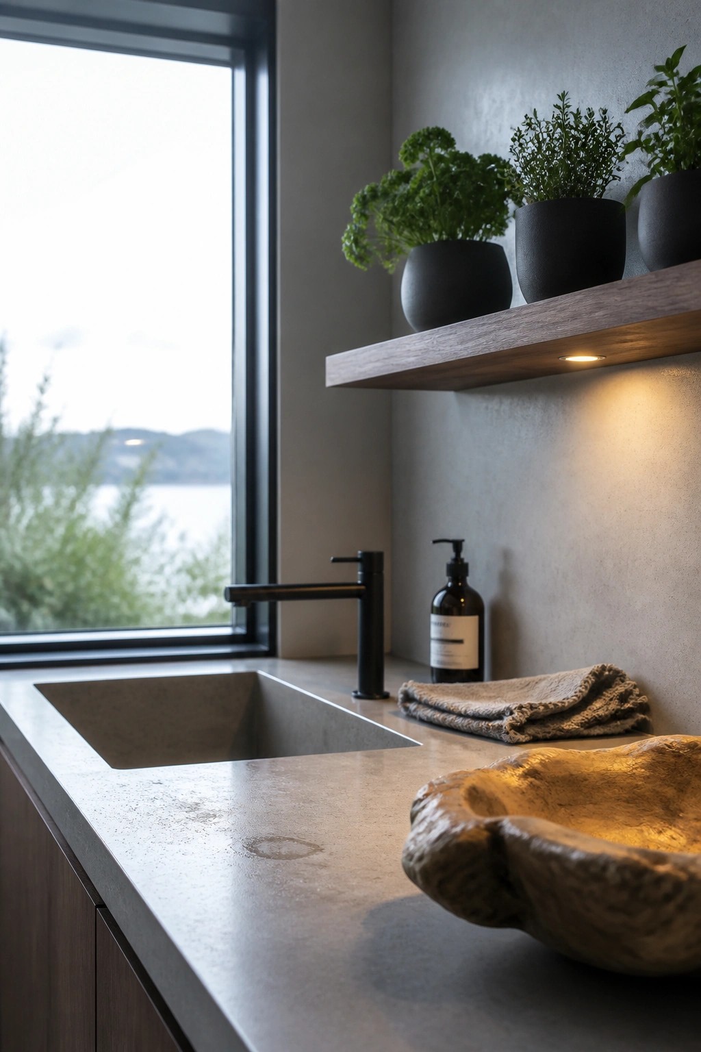 A kitchen sink area with a black faucet on a gray concrete countertop, a large window behind the sink, and a wooden floating shelf holding three potted green plants with under-shelf lighting.