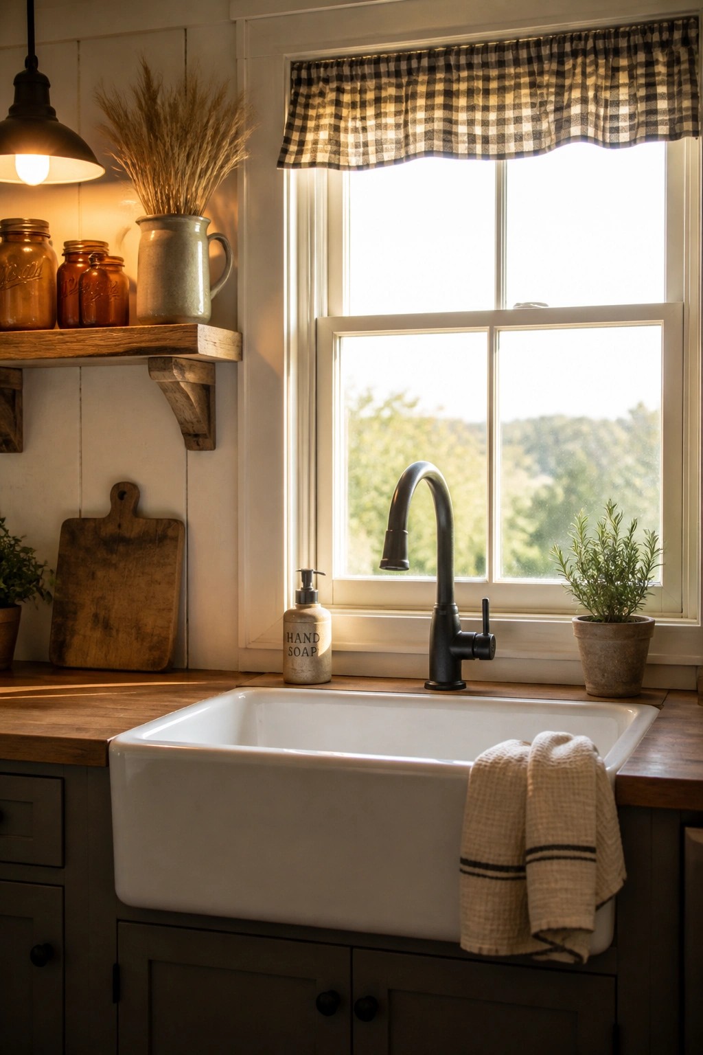 A white farmhouse sink under a double-hung window fitted with a black and beige gingham valance, a black gooseneck faucet, and a potted rosemary plant on the right side of the counter.